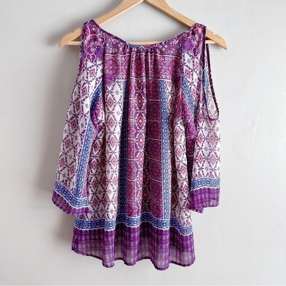 Anthropologie Braeve Boho Print Cold Shoulder Blouse in Purple/Pink/Cream, XS - Picture 7 of 9